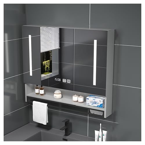 Moderner Medikamentenschrank mit Spiegel, Touch-Schalter, Uhren-Display, Anti-Beschlag, Badezimmeraufbewahrung, Wandmontage, mit Handtuchhalter, 60 x 13 cm, Grau Moderner Medikamentenschrank mit Spiegel, Touch-Schalter, Uhren-Display, Anti-Beschlag, Badezimmeraufbewahrung, Wandmontage, mit Handtuchhalter, 60 x 13 cm, Grau von Generisch