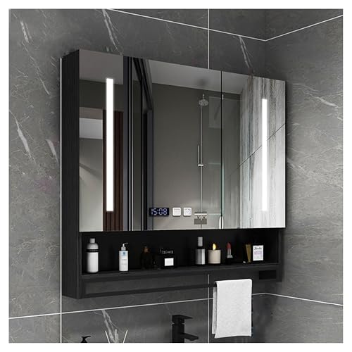 Moderner Medizinschrank mit Spiegel-Touch-Schalter, Anti-Beschlag-Funktion, Wandmontage, Badezimmer, mit Handtuchhalter und Uhren-Display, 80 x 13 cm, schwarzes Finish von Generisch