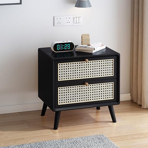 Moderner Nachttisch aus Massivholz mit doppelten Schubladen – Mini-Nachttisch im nordischen Stil aus Eiche und Rattan, Retro-Design, keine Montage erforderlich – perfekt für die Aufbewahrung im von Generisch