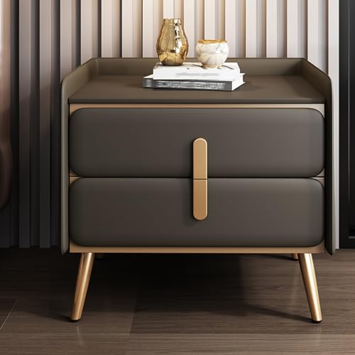 Moderner Nachttisch mit Schubladen, stilvolle kaltgewalzte Stahlgriffe, Oberfläche aus Nappaleder, kompaktes Design für Schlafzimmer von Generisch