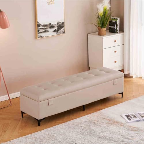 Moderner Polsterhocker mit Stauraum, Leder-Pouf mit Beinen für Eingangsbereich und Schlafzimmer, rustikales Holzdesign, schmutzige weiße Farbe, 100 x von Generisch
