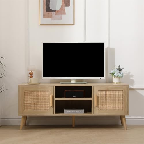 Moderner Rattan-TV-Ständer mit 2 Ablagen und Beinen aus massivem Kiefernholz, 120 cm von Generisch