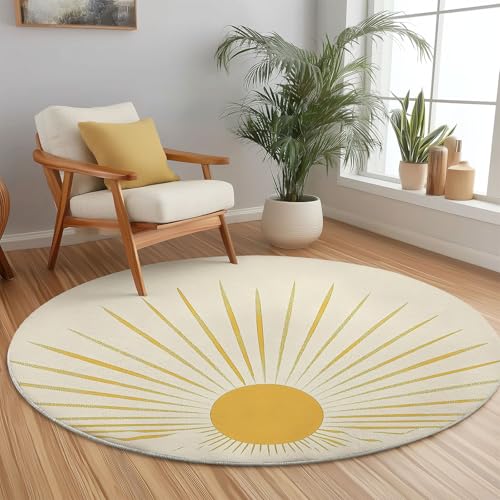 Moderner Rutschfeste Teppich Rund, 160 x 160 cm Maschine Waschbar Teppich mit Einfach Sonne Linien Muster, Hellgelb Kurzflor Teppiche Runder für Schlafzimmer Kinderzimmer Sofa Küche Fußmatte von Generisch
