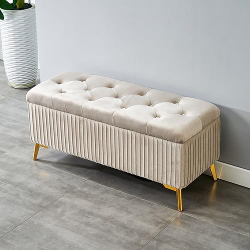 Moderner Samt gepolsterter rechteckiger Hocker für Wohnzimmer & Schlafzimmer, stilvolle Aufbewahrungsbank mit verstecktem Fach in Beige (Größe: 80 x 39 x 45 cm) von Generisch