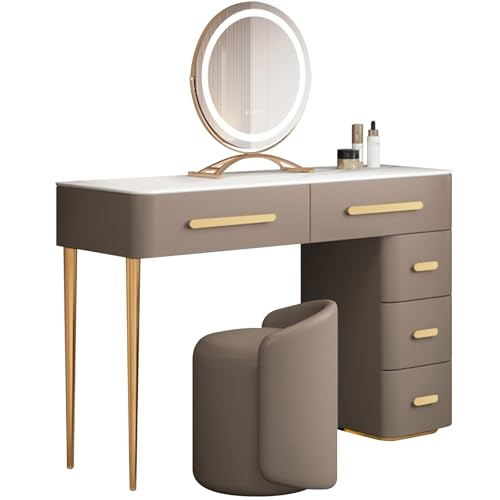 Moderner Schlafzimmer-Schminktisch mit 5 Schubladen, Schminktisch mit verstellbarem LED-Spiegel, Massivholzstruktur Moderner Schlafzimmer-Schminktisch mit 5 Schubladen, Schminktisch mit verstellbarem LED-Spiegel, Massivholzstruktur von Generisch