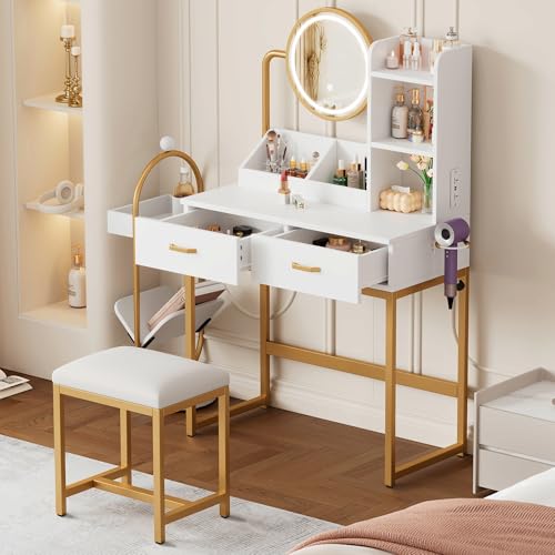 Moderner Schminktisch, drehbarem Spiegel & Steckdosen – inkl. Hocker & goldenen Metallbeinen – 2 Schubladen + 2 offene Ablageflächen, weiß, Maße: 80×138,5×40 cm (B×H×T) von Generisch