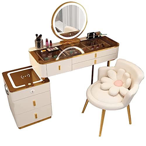 Moderner Schminktisch Set mit kabelloser Ladestation Bluetooth Lautsprecher LED Schminkspiegel und Polsterhocker 120cm Schwarz von Generisch