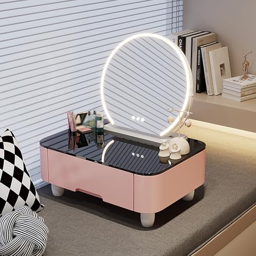 Moderner Schminktisch aus Holz mit High-Definition-LED-Spiegel, Schminktisch mit großer Kapazität für Schlafzimmer, kompaktes Tatami-Design verschönert kleine Räume von Generisch