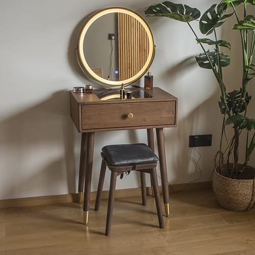 Moderner Schminktisch aus Holz mit LED-Spiegel und gepolstertem Hocker, großer Schminktisch mit Schubladen für kleine Räume, perfekt für Mädchen und Frauen, 60 x 40 x 78 cm von Generisch