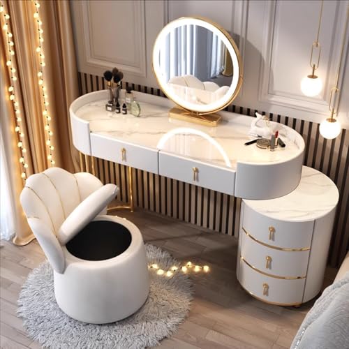 Moderner Schminktisch aus Massivholz mit drehbarem HD-Touchscreen-Spiegel (3 Lichtfarben) und Stuhl-Set, gesinterte Marmorplatte, 120 cm, elegantes weißes Design. von Generisch