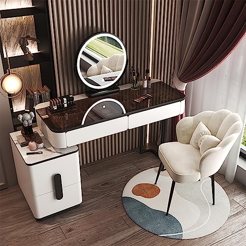 Moderner Schminktisch mit 3 Farblichtern und einstellbarer Helligkeit, gehärtetes Glas, Tischschublade, Aufbewahrung, Schlafzimmer, Schminktisch, gepolsterter Hocker für Damen und Mädchen, Grau, Gold Moderner Schminktisch mit 3 Farblichtern und einstellbarer Helligkeit, gehärtetes Glas, Tischschublade, Aufbewahrung, Schlafzimmer, Schminktisch, gepolsterter Hocker für Damen und Mädchen, Grau, Gold von Generisch