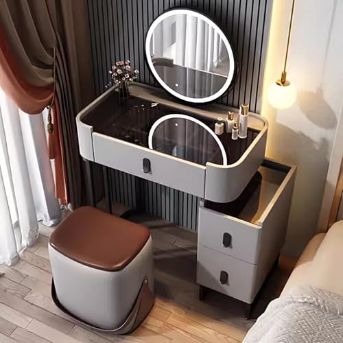 Moderner Schminktisch mit 360° drehbarem Spiegel, gehärtetes Glas, Schminktisch, LED-Lichter, Stauraum und Hocker, Grün, 50 cm, Rosa Moderner Schminktisch mit 360° drehbarem Spiegel, gehärtetes Glas, Schminktisch, LED-Lichter, Stauraum und Hocker, Grün, 50 cm, Rosa von Generisch