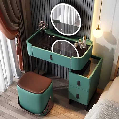 Moderner Schminktisch mit 360° drehbarem Spiegel, gehärtetes Glas, Schminktisch, LED-Lichter, Stauraum und Hocker, Grün, 70 cm Moderner Schminktisch mit 360° drehbarem Spiegel, gehärtetes Glas, Schminktisch, LED-Lichter, Stauraum und Hocker, Grün, 70 cm von Generisch