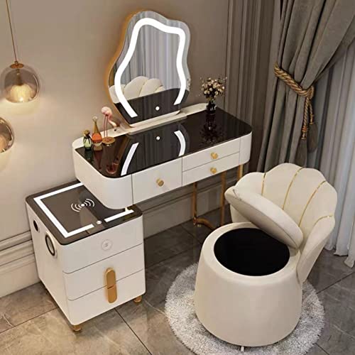 Moderner Schminktisch mit 5 Schubladen, LED-beleuchteter Spiegel mit 3 Farbmodi, USB-Ladestation und Hocker, perfekt für Schlafzimmer und Ankleidezimmer Moderner Schminktisch mit 5 Schubladen, LED-beleuchteter Spiegel mit 3 Farbmodi, USB-Ladestation und Hocker, perfekt für Schlafzimmer und Ankleidezimmer von Generisch