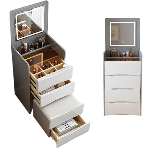 Moderner Schminktisch mit Klappspiegel, LED-Leuchten und gepolstertem Hocker, kompaktes Design für kleine Räume (Grau, 48 x 40 x 82 cm) von Generisch