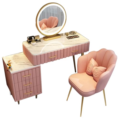 Moderner Schminktisch mit LED-Spiegel und 3 Modi, rosa Schminktisch-Set mit Schubladen und Beistellschrank, 80 cm, perfekt für Schönheit und Nization von Generisch
