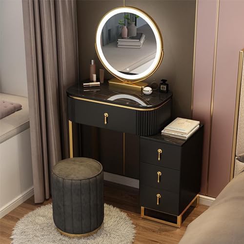 Moderner Schminktisch mit Spiegelleuchten und 4 Schubladen, stilvolles Schminktisch-Set, gepolsterter Hocker für Damen und Mädchen, Schlafzimmer, 70 cm D (E 50 cm) von Generisch