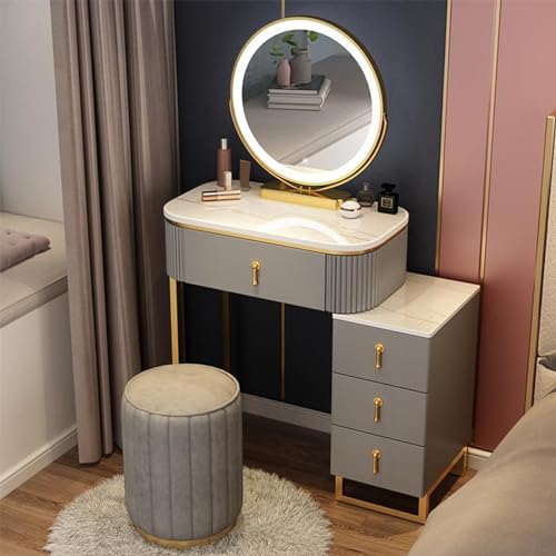 Moderner Schminktisch mit Spiegelleuchten und 4 Schubladen, stilvolles Schminktisch-Set, gepolsterter Hocker für Damen und Mädchen, ideale Schlafzimmerdekoration (50 cm A) (A 50 cm) von Generisch