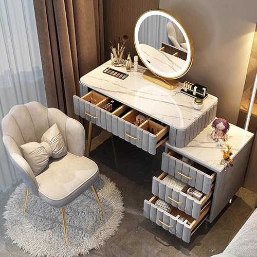 Moderner Schminktisch mit beleuchtetem Spiegel, 4 Schubladen, großes Schlafzimmer-Ankleide-Set, 3 Farb-Beleuchtungsmodi (grau, 80 cm), stilvolles und funktionales Design von Generisch