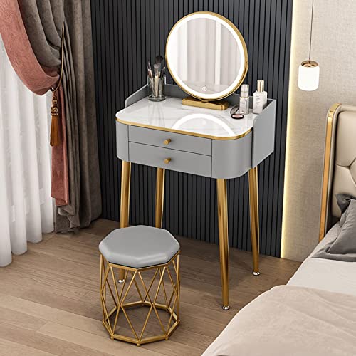 Moderner Schminktisch mit beleuchtetem Spiegel und gepolstertem Hocker, kompakter Schminktisch für kleine Schlafzimmer (Farbe: Grau, Größe: 60 cm) von Generisch