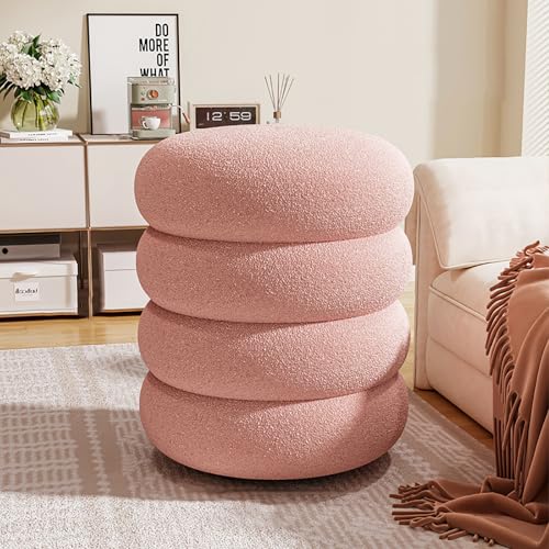 Moderner Sherpa Ottoman Hocker - Runder Boucle Fußhocker für Wohnzimmer & Schlafzimmer - Kompakt Gepolsterter Schminkhocker - Gepolsterte Fußstütze Ottomane von Generisch