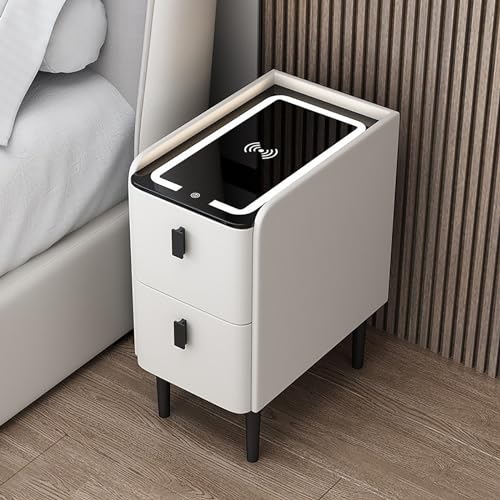 Moderner Smart LED Nachttisch mit Ladestation Bluetooth Audio und zwei Schubladen Multifunktionaler Nachttisch aus Holz in gebrochenem Weiß Massivholzkonstruktion Kompaktes Design (Breite 25cm) von Generisch
