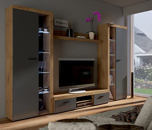 Moderner TV-Ständer mit schwebendem Regal Roxy XL Grau/Eiche TV-Konsole für Wohnzimmer hohe Vitrinen, schlankes Design, 300 x 190 x 40 cm Moderner TV-Ständer mit schwebendem Regal Roxy XL Grau/Eiche TV-Konsole für Wohnzimmer hohe Vitrinen, schlankes Design, 300 x 190 x 40 cm von Generisch