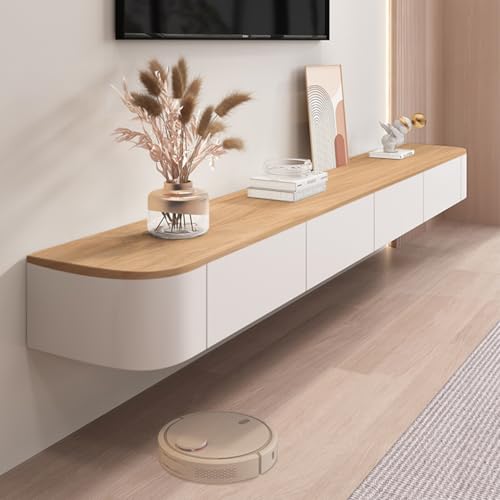 Moderner TV-Ständer zur Wandmontage, Massivholz, mit Stauraum, Multimedia-Konsole für Wohnzimmer & Schlafzimmer (Weiß + Holz 240 cm), stilvolles und funktionales Design von Generisch