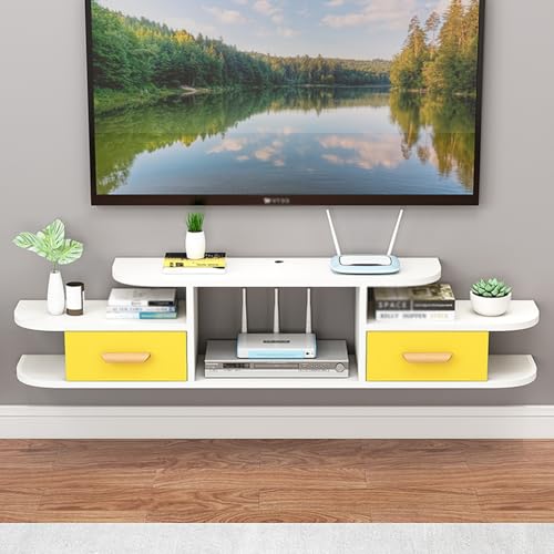 Moderner TV-Ständer zur Wandmontage, mit Schubladen, schwebende Medienkonsole für Wohnzimmer/Schlafzimmer, stilvolles Design mit hohler Rückenlehne, weiß-gelbes Finish, 160 x 24 x 28,5 cm von Generisch