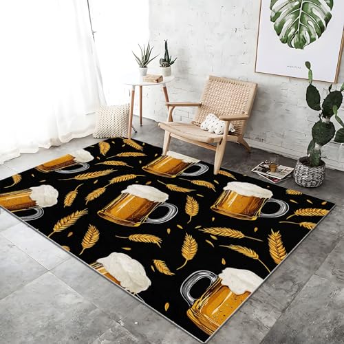 Moderner Teppich mit Bierkrug Weizenähren Druck 100x150 cm, rutschfest kurzflorig Schwarz Teppich waschbar weiche Bodenmatte für Wohnzimmer Schlafzimmer Büro Innenbereich von Generisch