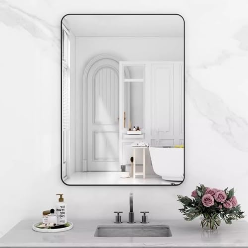 Moderner Wandspiegel, 50 x 70, 80 x 60, 100 x 80, 100 x 60 cm, dekorativer Badezimmerspiegel zum Aufhängen, mit Aluminiumrahmen, horizontale oder vertikale Montage (Schwarz, 40 x 60 cm) von Generisch
