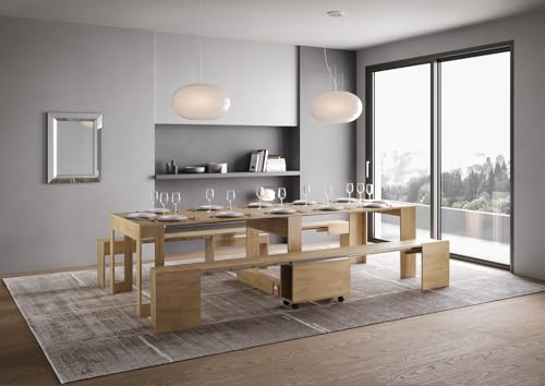 Moderner ausziehbarer Konsolentisch mit oberen & unteren Bänken Esstisch bis 302 cm Stilvolles italienisches Design in natürlicher Eiche für Eingangsbereich & Esszimmer von Generisch