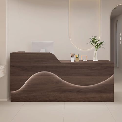 Moderner brauner Empfangstresen mit LED-Lichtstreifen, Holzwerkstoffschubladen, ideal für kleine Büros, 120 cm, stilvolles und funktionales Design Moderner brauner Empfangstresen mit LED-Lichtstreifen, Holzwerkstoffschubladen, ideal für kleine Büros, 120 cm, stilvolles und funktionales Design von Generisch