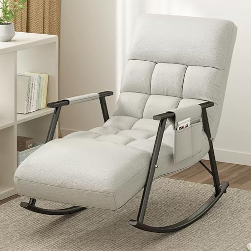 Moderner gepolsterter Schaukelstuhl mit verstellbarer Rückenlehne und Seitentasche, Lounge-Sessel für Schlafzimmer, Wohnzimmer, grau-schwarzer Rahmen, 150 kg Kapazität von Generisch