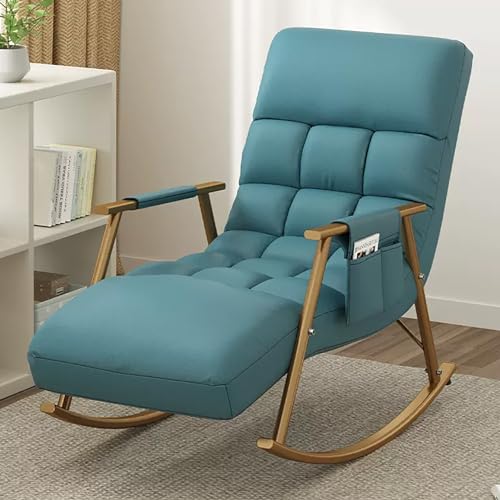 Moderner gepolsterter Schaukelstuhl mit verstellbarer Rückenlehne und Seitentasche, blau-goldener Rahmen, Lounge-Sessel für Schlafzimmer, Wohnzimmer, 150 kg Kapazität von Generisch