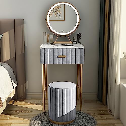 Moderner grauer Schminktisch mit Spiegelschubladen, Lichtern und Hocker, 40 cm Größe Moderner grauer Schminktisch mit Spiegelschubladen, Lichtern und Hocker, 40 cm Größe von Generisch