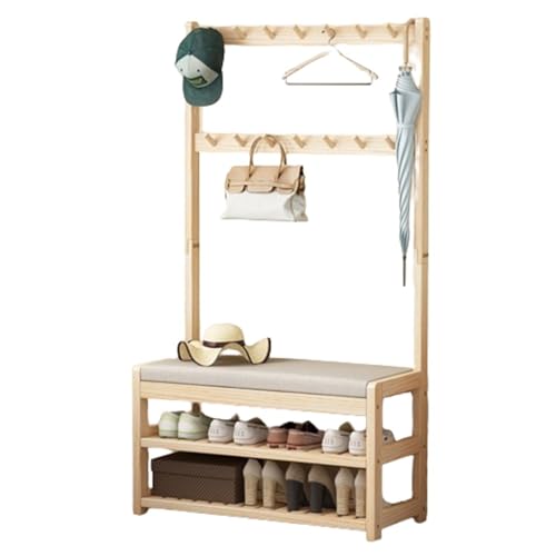 Moderner industrieller Kleiderständer aus Holz mit 10/14 Haken & Schuhbank, freistehend, Garderobenständer für Schlafzimmer, Büro, Flur, Wohnzimmer – vielseitige Lösung zum Aufhängen von von Generisch