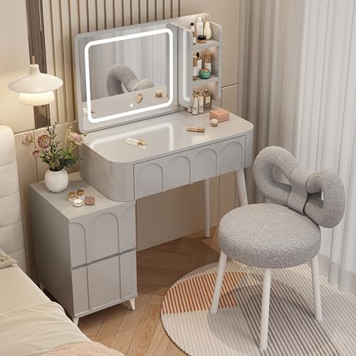 Moderner kompakter Schminktisch mit beleuchtetem Spiegel, cremefarben, Schminktisch mit Schubladen und Hocker, verstellbare Beleuchtung in 3 Farben, perfekt für Schlafzimmer oder Ankleidezimmer, von Generisch