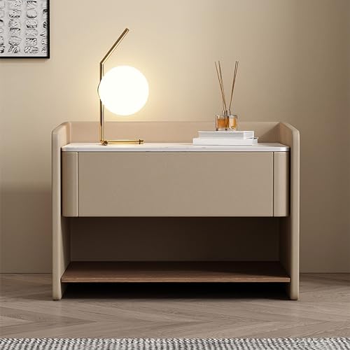 Moderner minimalistischer Nachttisch aus Massivholz mit Schiefer-Arbeitsplatte, weiße Kommode für Schlafzimmer Aufbewahrung und Organisation von Generisch