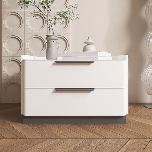Moderner minimalistischer Nachttisch aus Massivholz mit Schiefer-Arbeitsplatte und doppelten Schubladen für die Schlafzimmer-Organisation Moderner minimalistischer Nachttisch aus Massivholz mit Schiefer-Arbeitsplatte und doppelten Schubladen für die Schlafzimmer-Organisation von Generisch