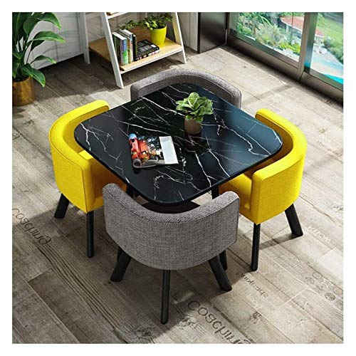 Moderner minimalistischer runder Esstisch mit gelbem quadratischem Stuhl, 80 cm, Marmor-Effekt, perfekt für Büro, Empfang und Freizeiträume, stilvolles graues Design von Generisch