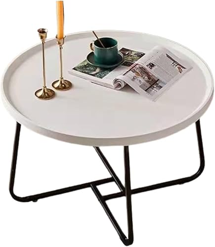 Moderner multifunktionaler runder Couchtisch mit Walnussholzplatte und schwarzem Metallrahmen – stilvolle kleine Wohnzimmermöbel (weiß, 80 x 46 cm) von Generisch