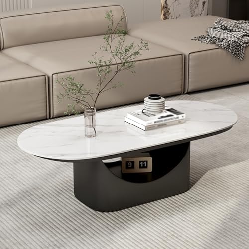 Moderner ovaler Couchtisch mit halboffenem Ablagefach und Rockboard-Tablett, Metallrahmen für Wohnzimmer, Schlafzimmer, Büro von Generisch