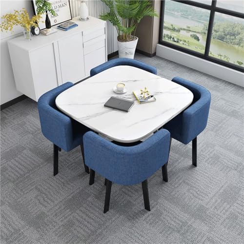 Moderner quadratischer blauer Marmor-Esstisch-Set mit 4 U-Rückenlehne, PU-Leder-Stühle, hochdichter Schaumstoff, bequeme Küchenmöbel, platzsparendes Design für Esszimmer von Generisch