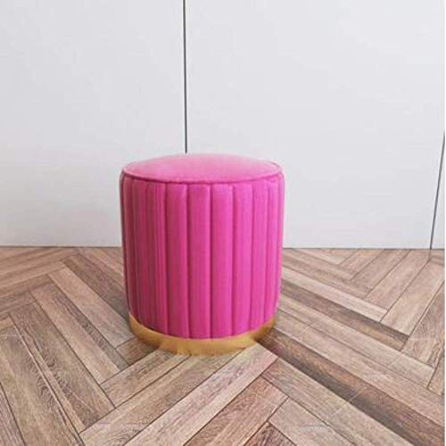 Moderner rosa Pelz-Pouf, Ottomane mit goldfarbenen Metallverzierungen, runder Fußhocker und Messing-Fußstütze von Generisch