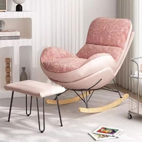 Moderner rosa gepolsterter Schaukelstuhl mit doppelseitigem Kissen und Fußstütze, bequemer Loungesessel für Wohnzimmer von Generisch