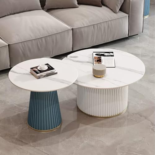 Moderner runder Couchtisch, 2er-Set, Marmor-Muster, für Wohnzimmer, Schlafzimmer, Balkon, Hof, stilvolle Beistelltische in Blau und Weiß von Generisch