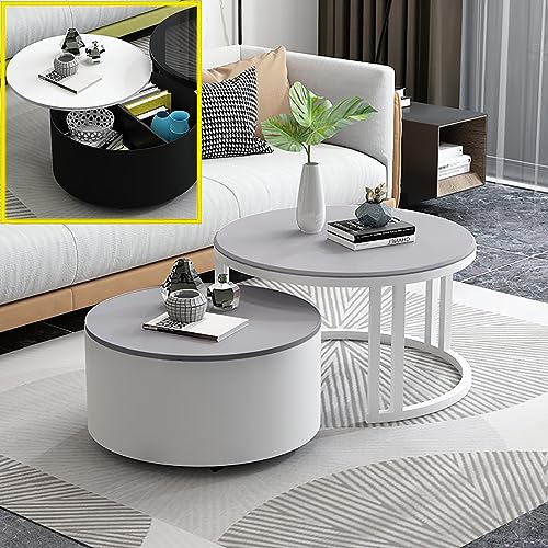 Moderner runder Couchtisch, 2er-Set, mit Glasplatte und stabilem Metallrahmen, industrielle Beistelltische für kleine Räume, weißes Bein von Generisch