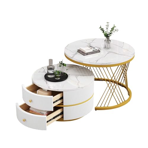 Moderner runder Couchtisch, 2er-Set, mit Schubladen, einziehbares Design, Marmorplatte, Metallrahmen, geriffeltes Design, Wohnzimmer-Beistelltisch (Weiß + Gold) von Generisch