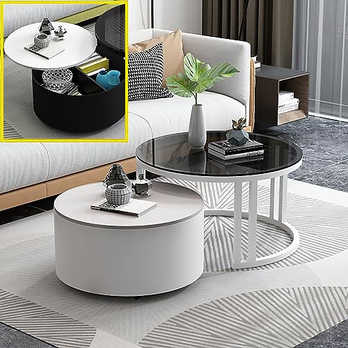 Moderner runder Couchtisch, 2er-Set, mit Stauraum, Industrie-Design, Glasplatte, stabiler Metallrahmen, weißes Bein Moderner runder Couchtisch, 2er-Set, mit Stauraum, Industrie-Design, Glasplatte, stabiler Metallrahmen, weißes Bein von Generisch